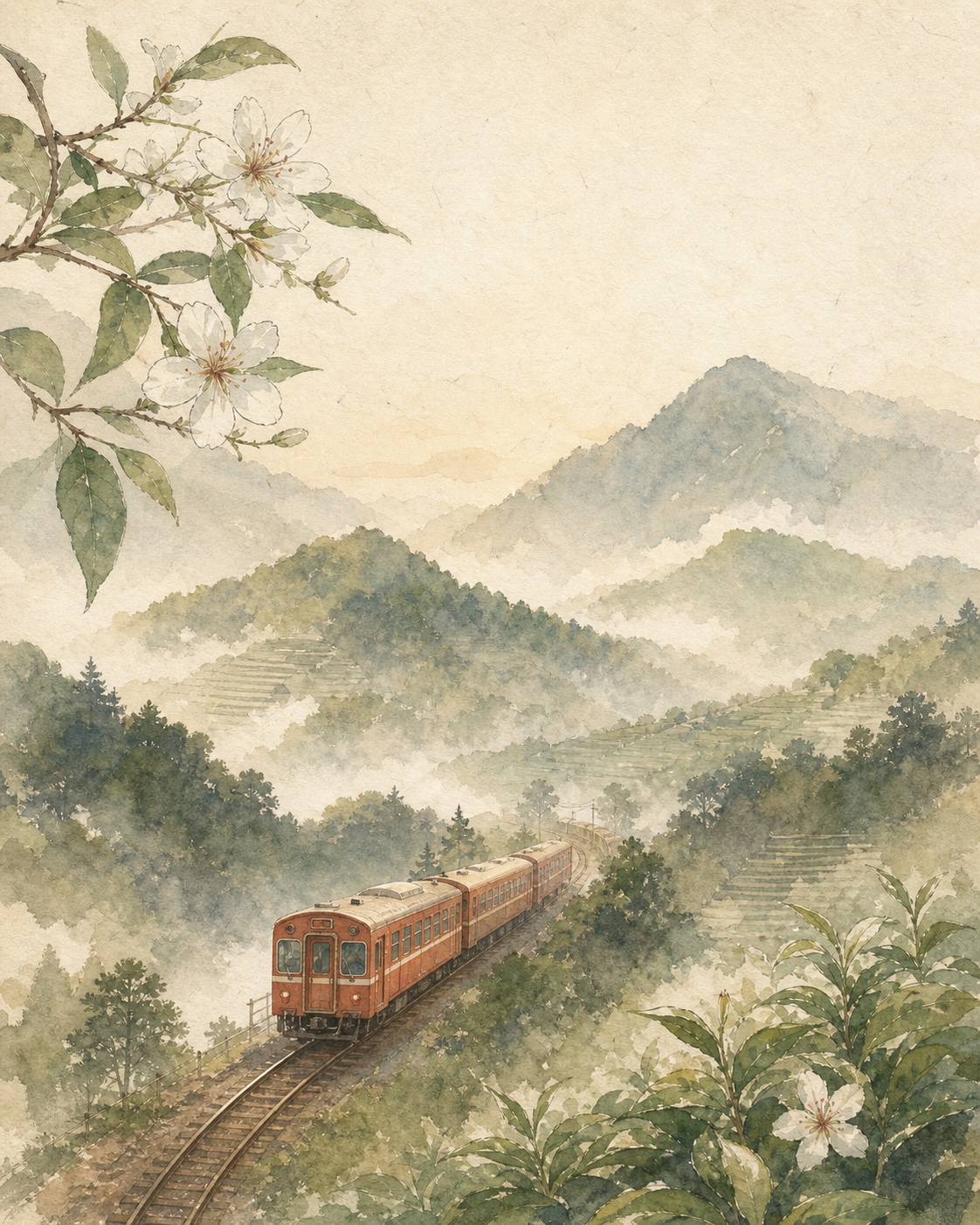 水彩描繪的苗栗山城、油桐花與行駛於山間的紅色列車